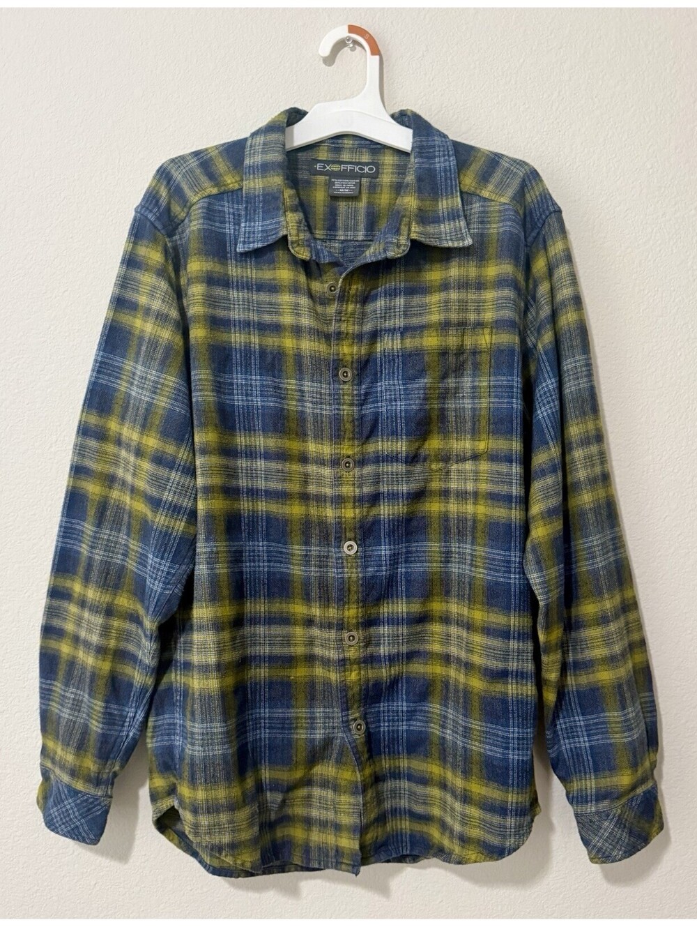 ExOfficio Flannel Button Up Shirt | Blue/Green Long Sleeve Checkered | Size M